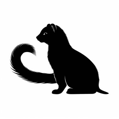 Silhouette of a black cat with a fluffy tail, sitting gracefully against a white background. clipart