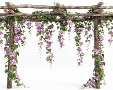 A beautiful wooden trellis adorned with cascading purple flowers, creating a serene and inviting atmosphere. clipart