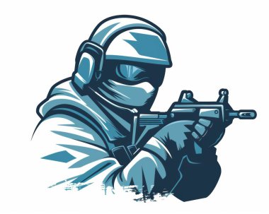 Stylized illustration of a soldier in tactical gear, aiming a firearm with a focused expression. clipart