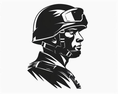 Profile of a male soldier in a helmet and tactical gear, showcasing determination and bravery. clipart