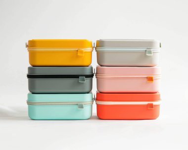 A vibrant stack of six stylish food storage containers in various colors, perfect for meal prepping. clipart