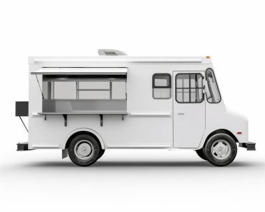 A sleek, white food truck ready for service, showcasing a minimalist design and large serving window. clipart