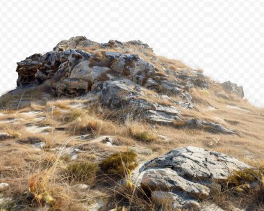 A rocky hill covered with dry grass, showcasing natural textures and earthy tones. clipart