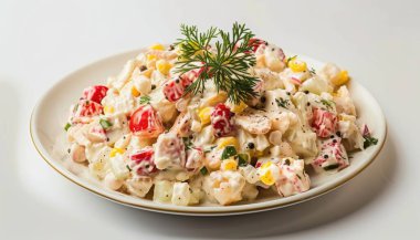 A colorful and fresh vegetable salad topped with dill, featuring a mix of creamy dressing, corn, and cherry tomatoes. clipart