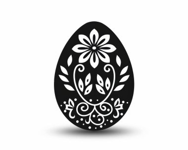 Black egg-shaped decoration featuring intricate white floral patterns and leaves. clipart