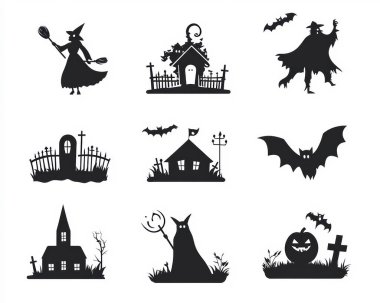 A collection of spooky Halloween-themed silhouettes including a witch, haunted house, bats, and pumpkins. clipart