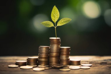 A green plant sprouts from a pile of coins, symbolizing growth and investment in a sustainable future. clipart