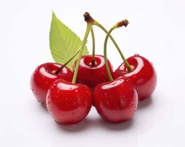 Fresh red cherries with water droplets and a green leaf on a light background. clipart