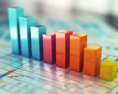 Colorful 3D bar graphs representing data analysis on a blurred background, creating a modern business aesthetic.