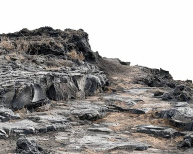 Barren rocky landscape featuring dark volcanic rock with sparse vegetation in a minimalist setting. clipart