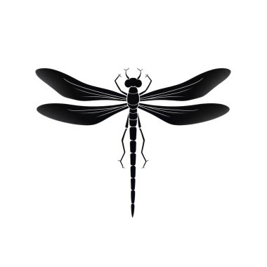 A sleek black silhouette of a dragonfly, showcasing its detailed wings and elongated body against a pristine background. clipart