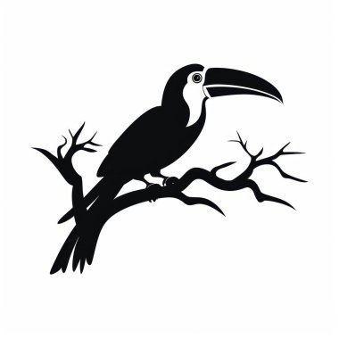 A striking black silhouette of a toucan perched on a branch, highlighting its iconic beak against a minimalist background. clipart