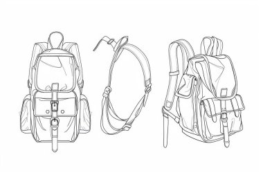 A detailed illustration of three distinct backpack designs showcasing various styles and features. clipart