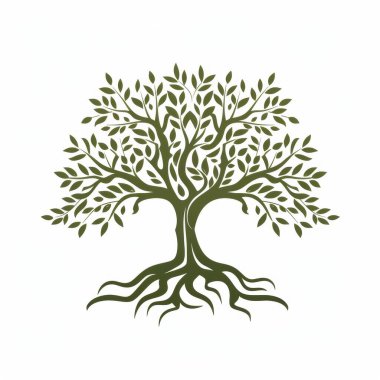 A detailed green tree silhouette with lush leaves and intricate roots, symbolizing growth and resilience. clipart