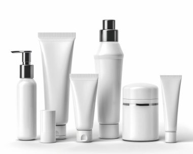 Collection of sleek, white skincare products on a bright background, showcasing modern design and simplicity. clipart