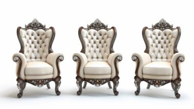 Elegant vintage armchairs in a luxurious design with tufted upholstery and ornate wooden details. clipart