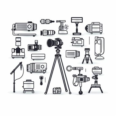 A collection of professional photography equipment, including cameras, tripods, and lighting tools. clipart