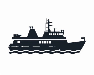 Silhouette of a research vessel navigating calm waters, showcasing maritime design. clipart