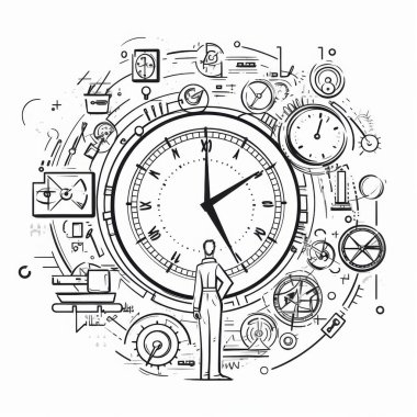 A person standing in front of a large clock surrounded by various time-related illustrations, symbolizing the passage of time. clipart