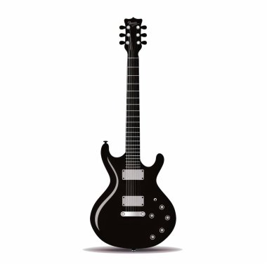 Modern tasarımı olan parlak siyah bir elektro gitar, rock müzik tutkunları için mükemmel..