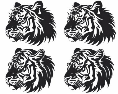 Stylized black and white tiger heads in four variations, showcasing detailed fur patterns and fierce expressions.