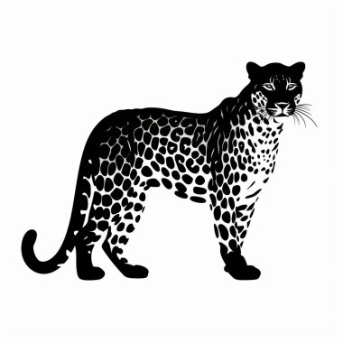 A striking black silhouette of a leopard, showcasing its distinctive spots and poised stance against a white background. clipart