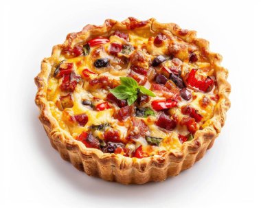 A delicious savory quiche featuring a golden crust filled with vibrant vegetables and cheese. clipart