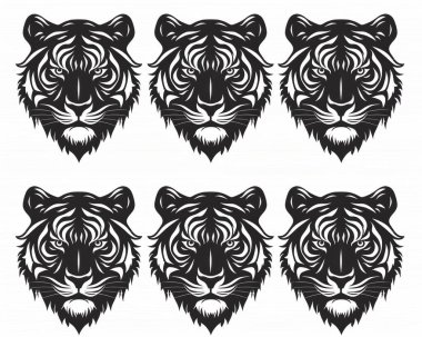 Artistic illustration of six stylized tiger heads in black and white, showcasing intricate details and fierce expressions. clipart