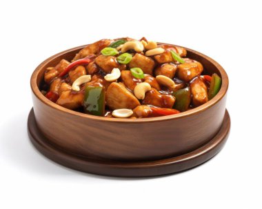 Delicious chicken stir-fry with colorful bell peppers and cashews in a wooden bowl. clipart