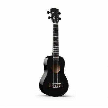 A sleek black ukulele stands elegantly against a white background, showcasing its smooth finish and classic design. clipart