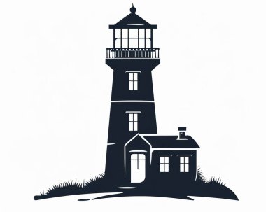 A classic black silhouette of a lighthouse with an accompanying small house, set against a light backdrop. clipart