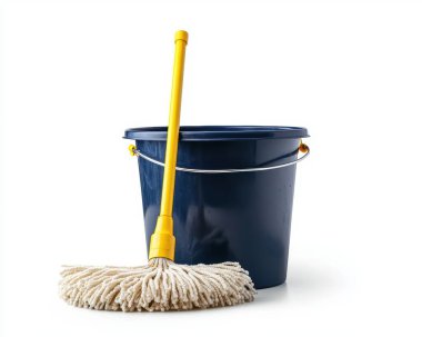 A blue mop bucket with a yellow mop ready for cleaning, set against a white background. clipart