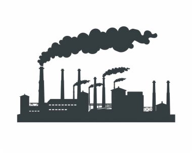 Silhouette of an industrial skyline with smokestacks emitting dark smoke against a white background. clipart