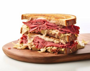 A delicious stacked sandwich featuring layers of tender corned beef, melted cheese, and sauerkraut on toasted rye bread. clipart