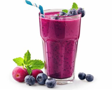 Nane, yaban mersini ve erikle süslenmiş, çizgili kamışla servis edilen ferahlatıcı mor bir smoothie..