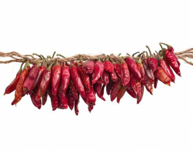 A vibrant display of dried red chilies hung on twine, showcasing their rich color and texture. clipart