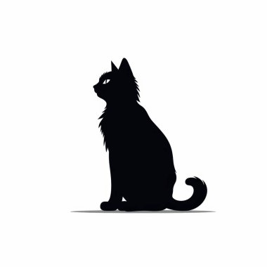 Silhouette of a sleek black cat sitting gracefully against a white background. clipart