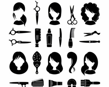 A collection of black silhouette icons representing various hair styling tools and hairstyles.