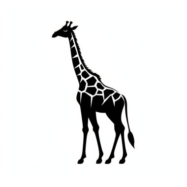 Stylized black silhouette of a giraffe against a white background, highlighting its unique features and elegant stance. clipart