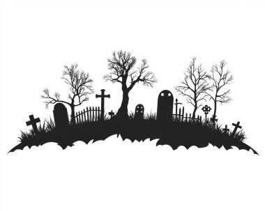 Eerie silhouette of a graveyard with tombstones and barren trees, capturing a haunting atmosphere. clipart