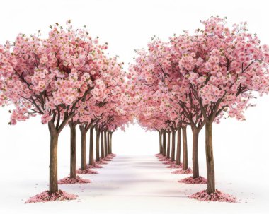 A serene pathway lined with blooming cherry blossom trees, creating a picturesque scene of pink blossoms and tranquility. clipart