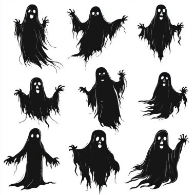 A collection of nine spooky black ghost silhouettes in various poses, perfect for Halloween decorations. clipart