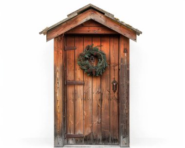 Rustic wooden shed adorned with a festive wreath, showcasing charm and simplicity. clipart