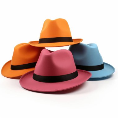 A vibrant collection of colorful fedora hats in orange, pink, and blue, showcasing playful style and fashion. clipart