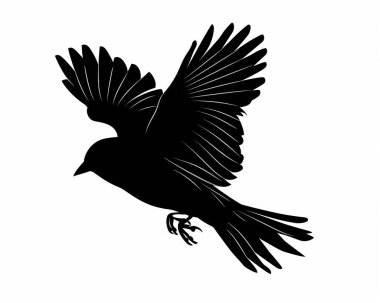 Silhouette of a flying bird with outstretched wings against a white background. clipart