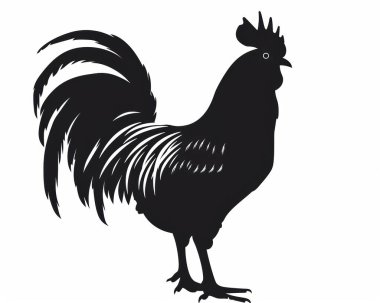 Stylized silhouette of a proud black rooster with elegant feathers.