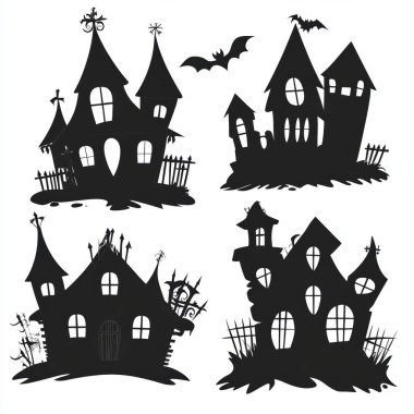 Four spooky haunted house silhouettes against a white background, perfect for Halloween decor. clipart