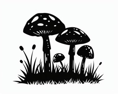 A collection of whimsical, black silhouette mushrooms surrounded by grass. clipart