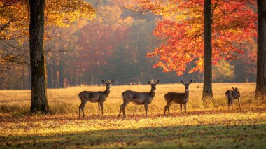 Four white-tailed deer in a vibrant autumn landscape with colorful trees. clipart