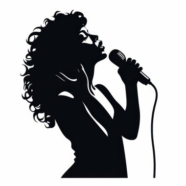 Silhouette of a young woman with curly hair passionately singing into a microphone. clipart